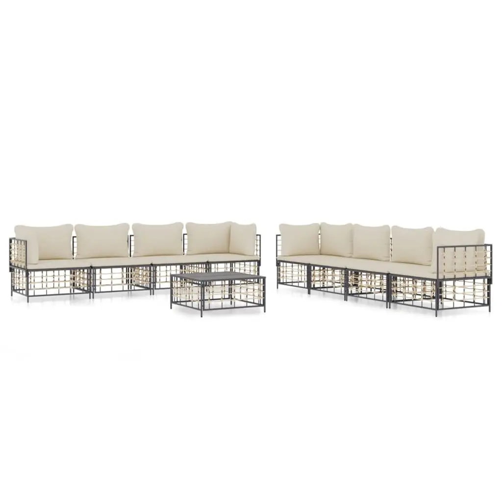 9 Piece Outdoor Lounge Set Poly Rattan Steel Frame Cushions Anthracite