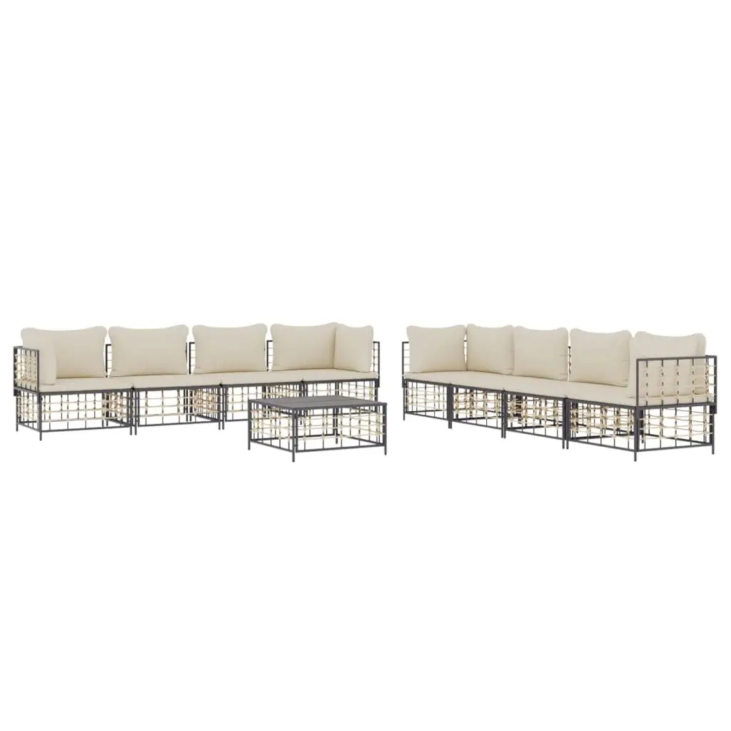 9 Piece Outdoor Lounge Set Poly Rattan Steel Frame Cushions Anthracite