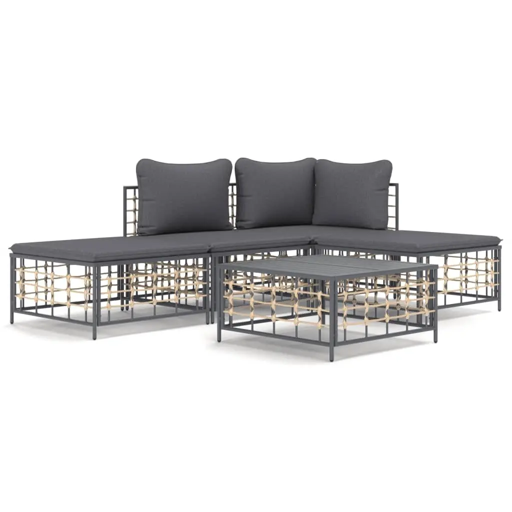 5 Piece Garden Lounge Set Outdoor Seating with Cushions Anthracite Poly Rattan