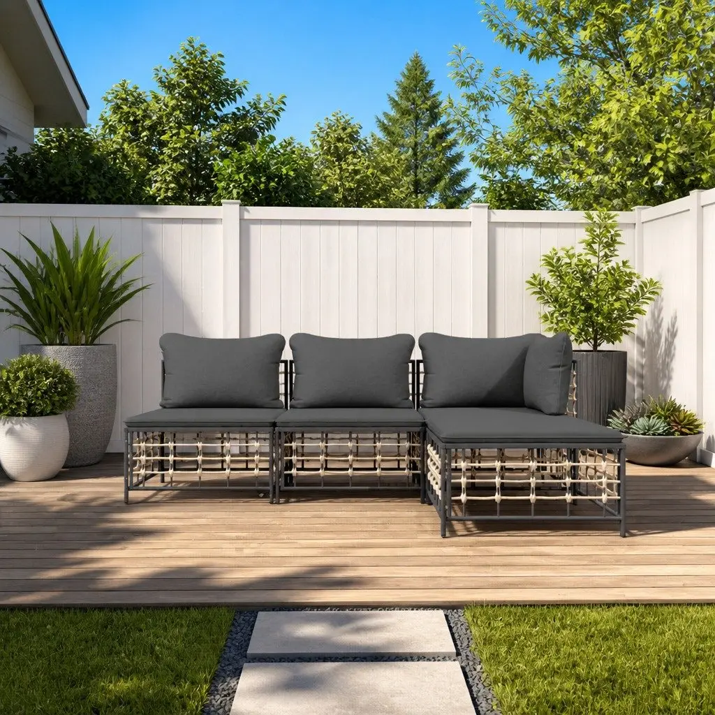 4 Piece Garden Lounge Set Poly Rattan Steel Frame Anthracite with Cushions