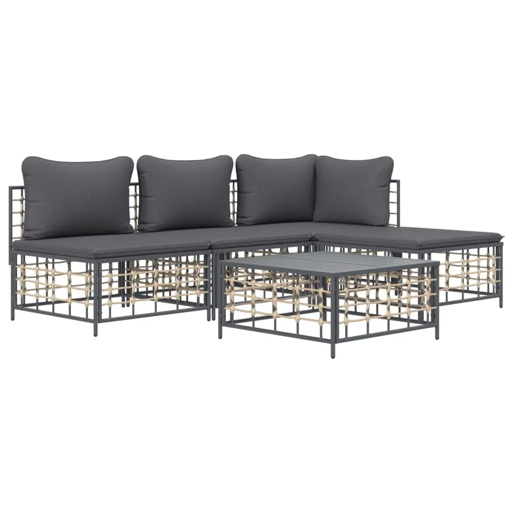 5 Piece Garden Lounge Set Poly Rattan Steel Frame Cushions Anthracite