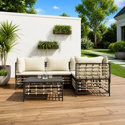 5-Piece Outdoor Lounge Set with Cushions and Rattan Sofa