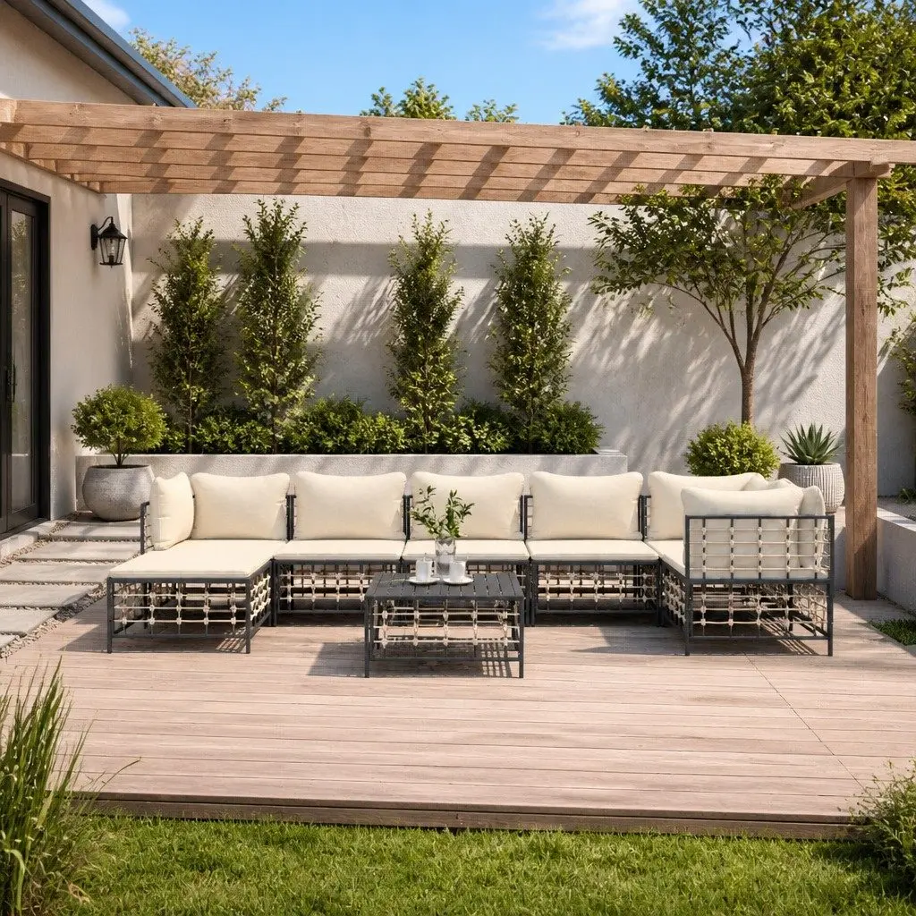 8 Piece Outdoor Lounge Set Poly Rattan Steel Frame Anthracite with Cushions
