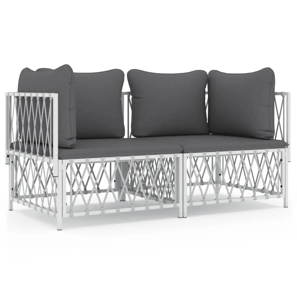 2 Piece Garden Lounge Set Powder-coated Steel Frame Woven Fabric Cushions White