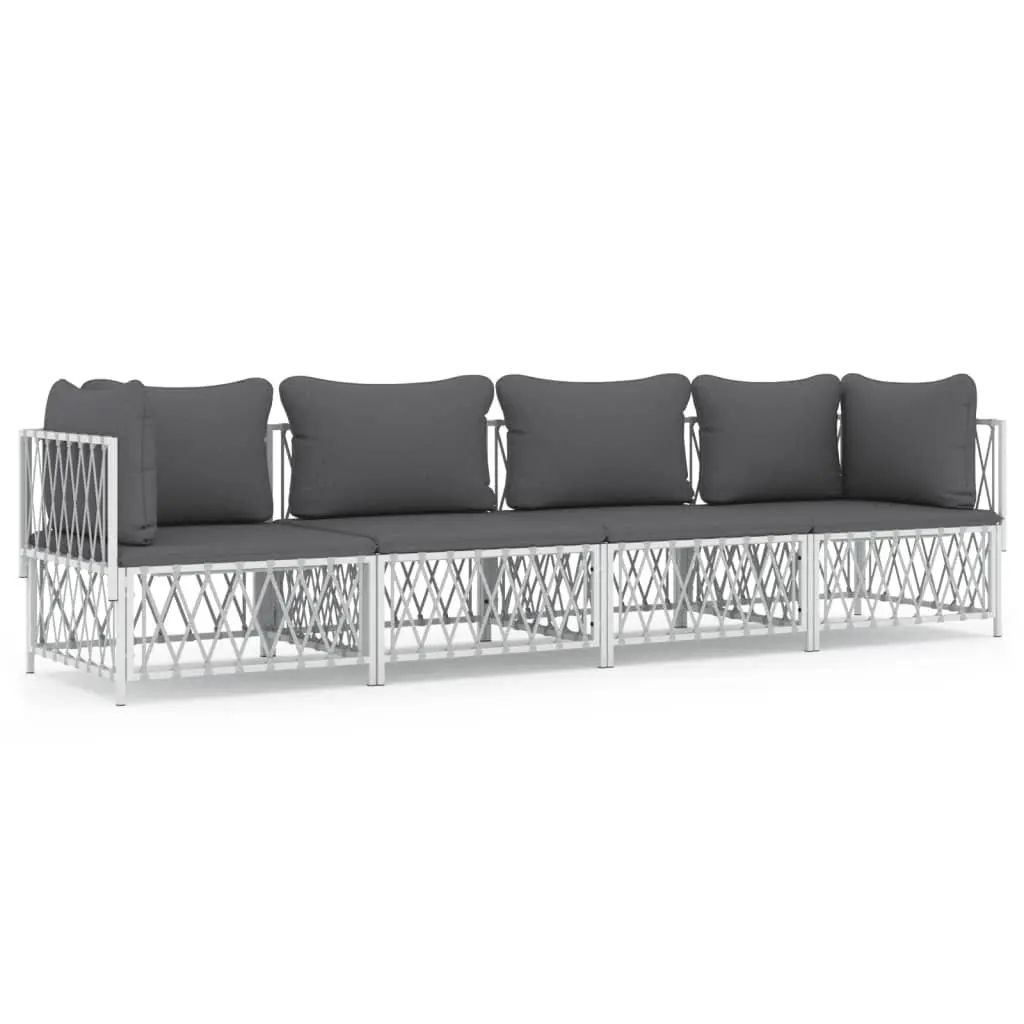 Garden Lounge Set Steel Frame Woven Fabric 4 Piece White