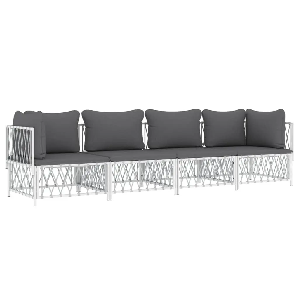 Garden Lounge Set Steel Frame Woven Fabric 4 Piece White