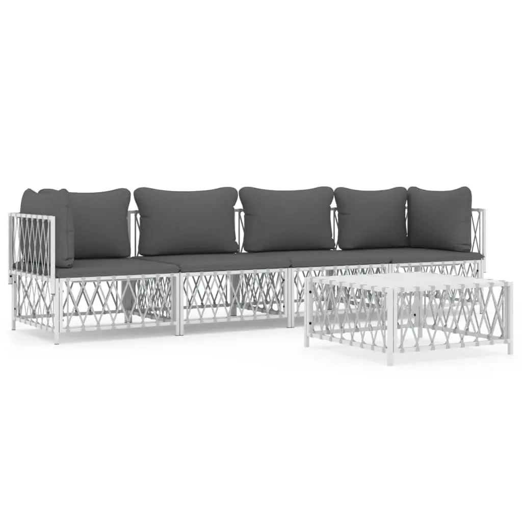 Garden Lounge Set Powder-coated Steel 5 Piece White Outdoor Furniture Patio Sofa with Cushions