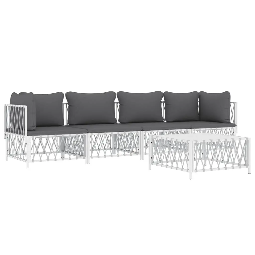 Garden Lounge Set Powder-coated Steel 5 Piece White Outdoor Furniture Patio Sofa with Cushions