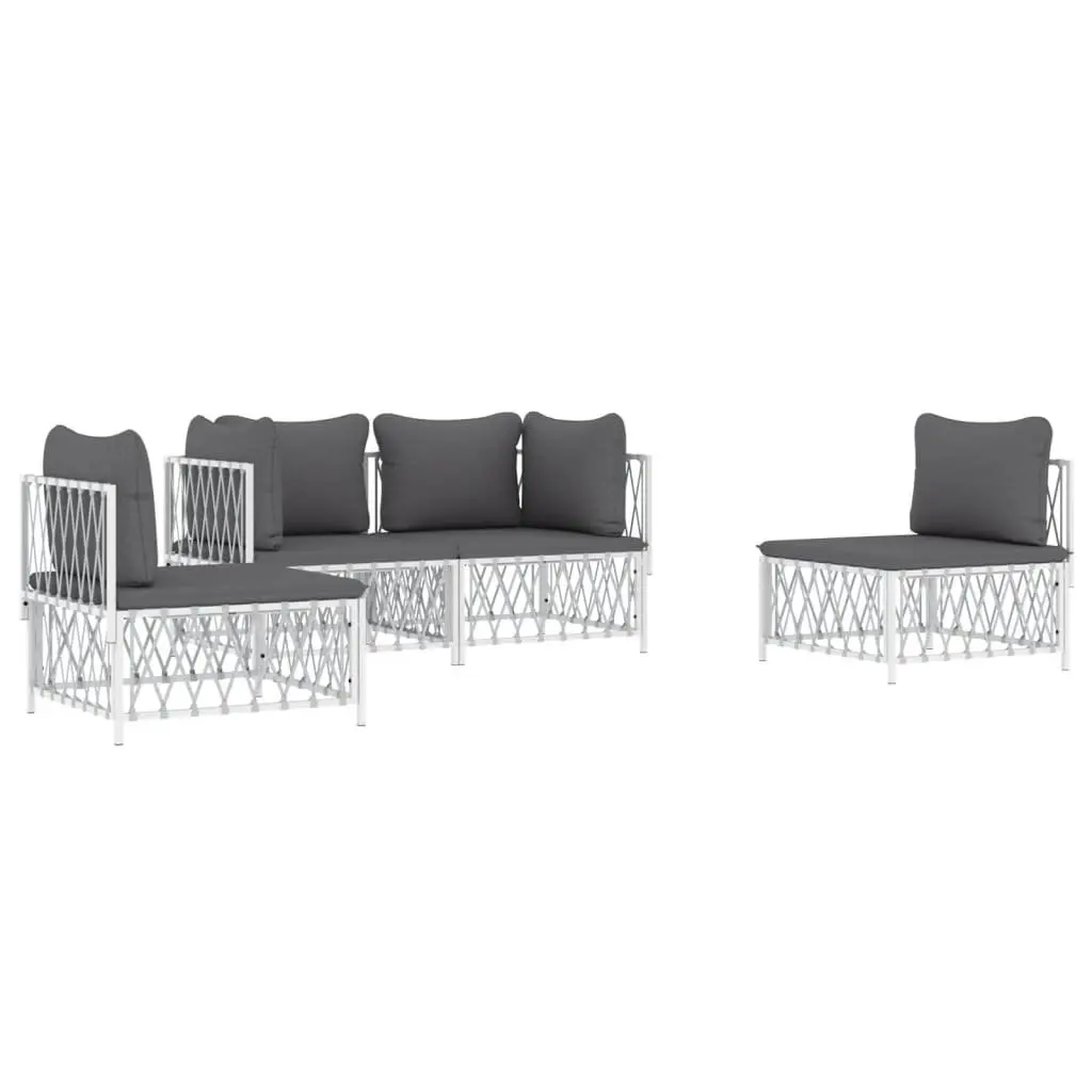Garden Lounge Set Powder-coated Steel Frame 4 Piece White Woven Fabric Cushions