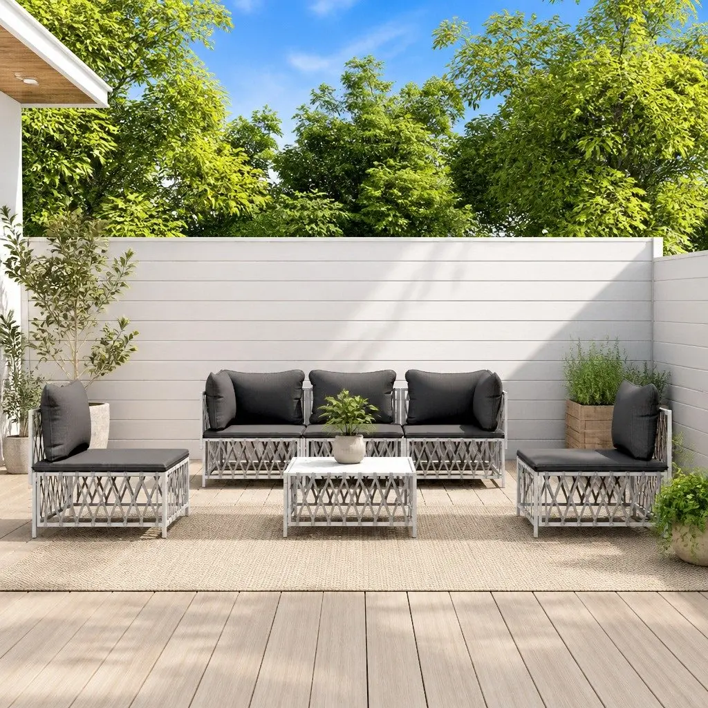 Garden Lounge Set Woven Fabric Powder-coated Steel 6 Piece White Outdoor Furniture Modular Sofa with Cushions
