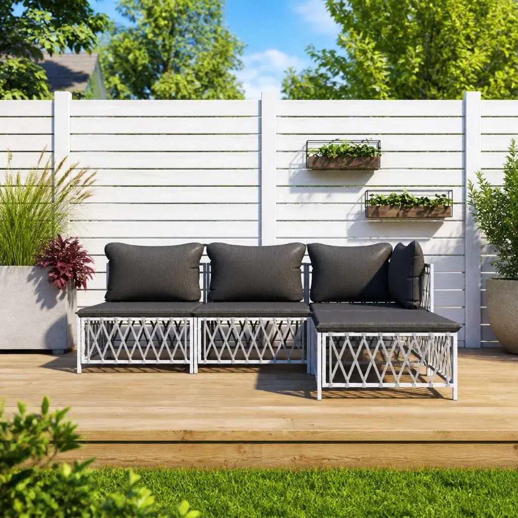 4 Piece Garden Lounge Set Powder-coated Steel Frame Woven Fabric Cushions White