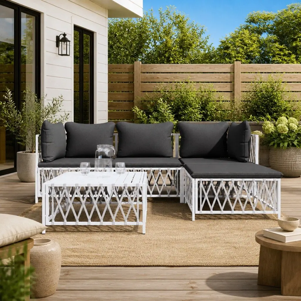 5 Piece Garden Lounge Set White Powder-coated Steel Frame Woven Fabric Cushions