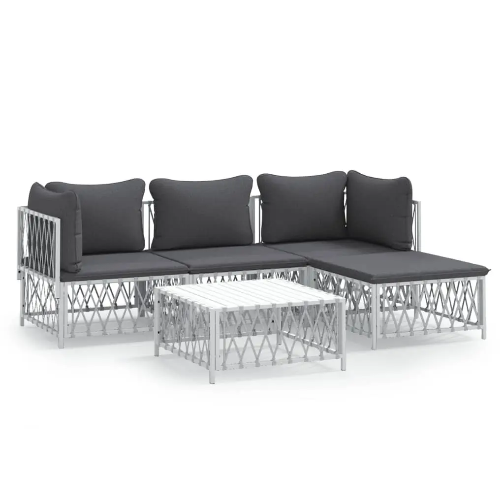5 Piece Garden Lounge Set White Powder-coated Steel Frame Woven Fabric Cushions