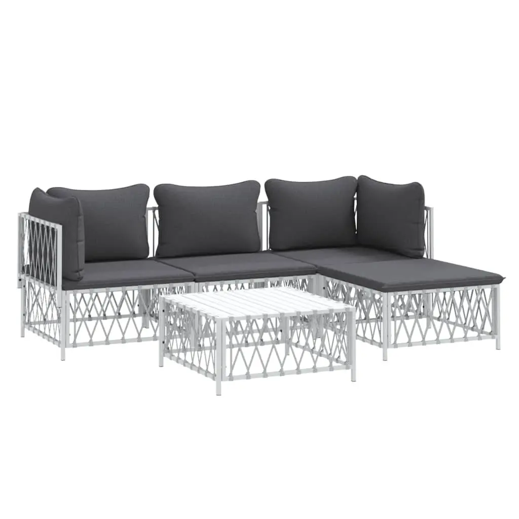 5 Piece Garden Lounge Set White Powder-coated Steel Frame Woven Fabric Cushions