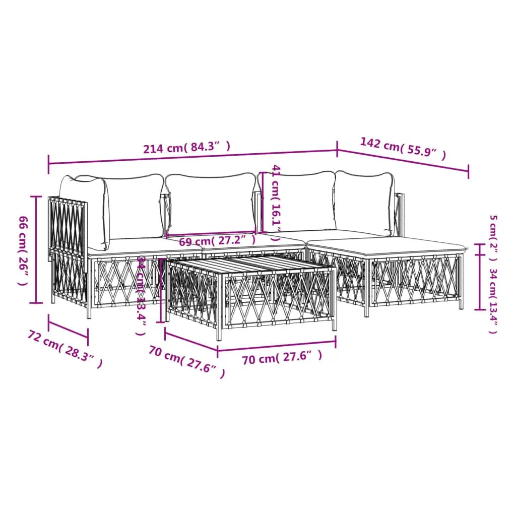 5 Piece Garden Lounge Set White Powder-coated Steel Frame Woven Fabric Cushions