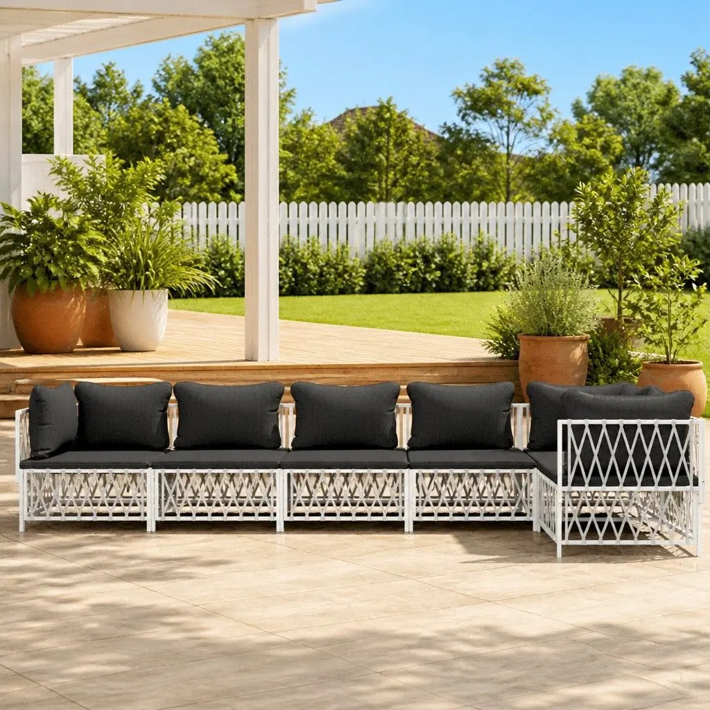 Garden Lounge Set White Powder-coated Steel Frame 6 Piece with Cushions