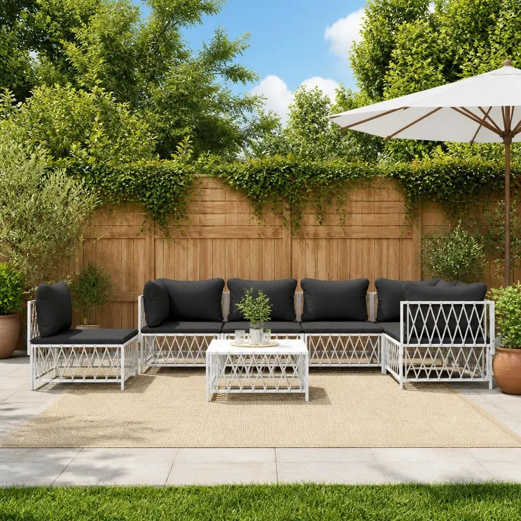 7 Piece Outdoor Lounge Set Steel Frame White Garden Furniture with Cushions