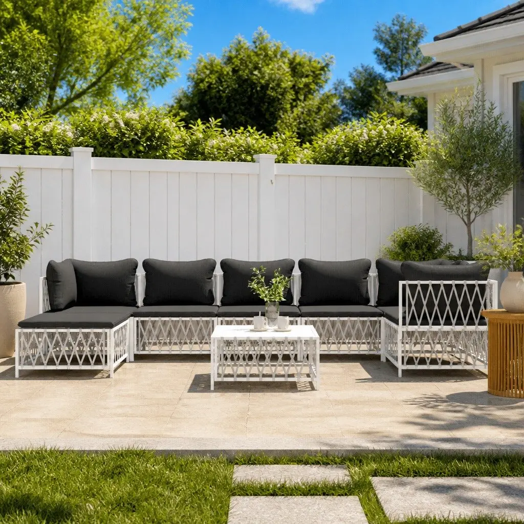 Garden Lounge Set Woven Fabric 8 Piece White Outdoor Furniture Steel Frame