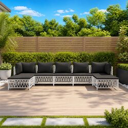 7 Piece White Steel Frame Garden Lounge Set with Cushions