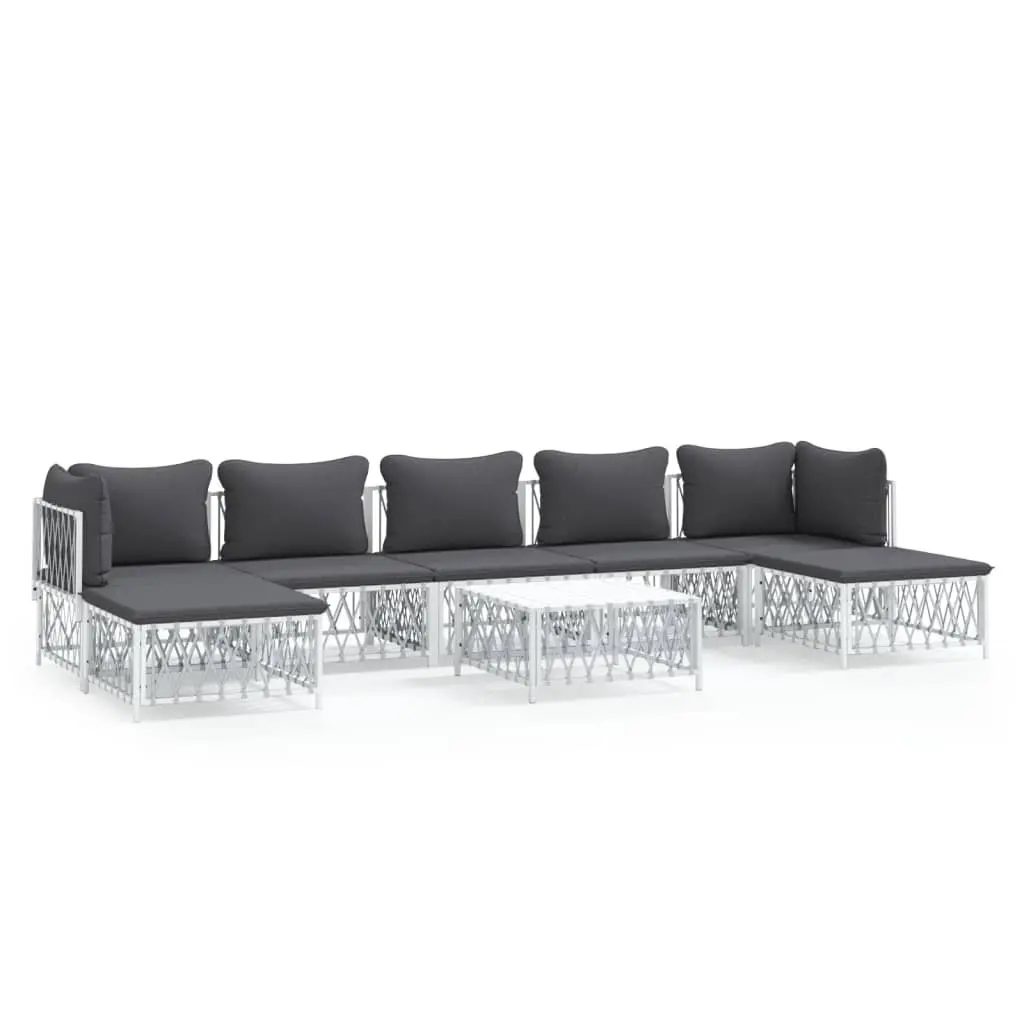Garden Lounge Set Woven Fabric 8 Piece White Steel Frame Cushions