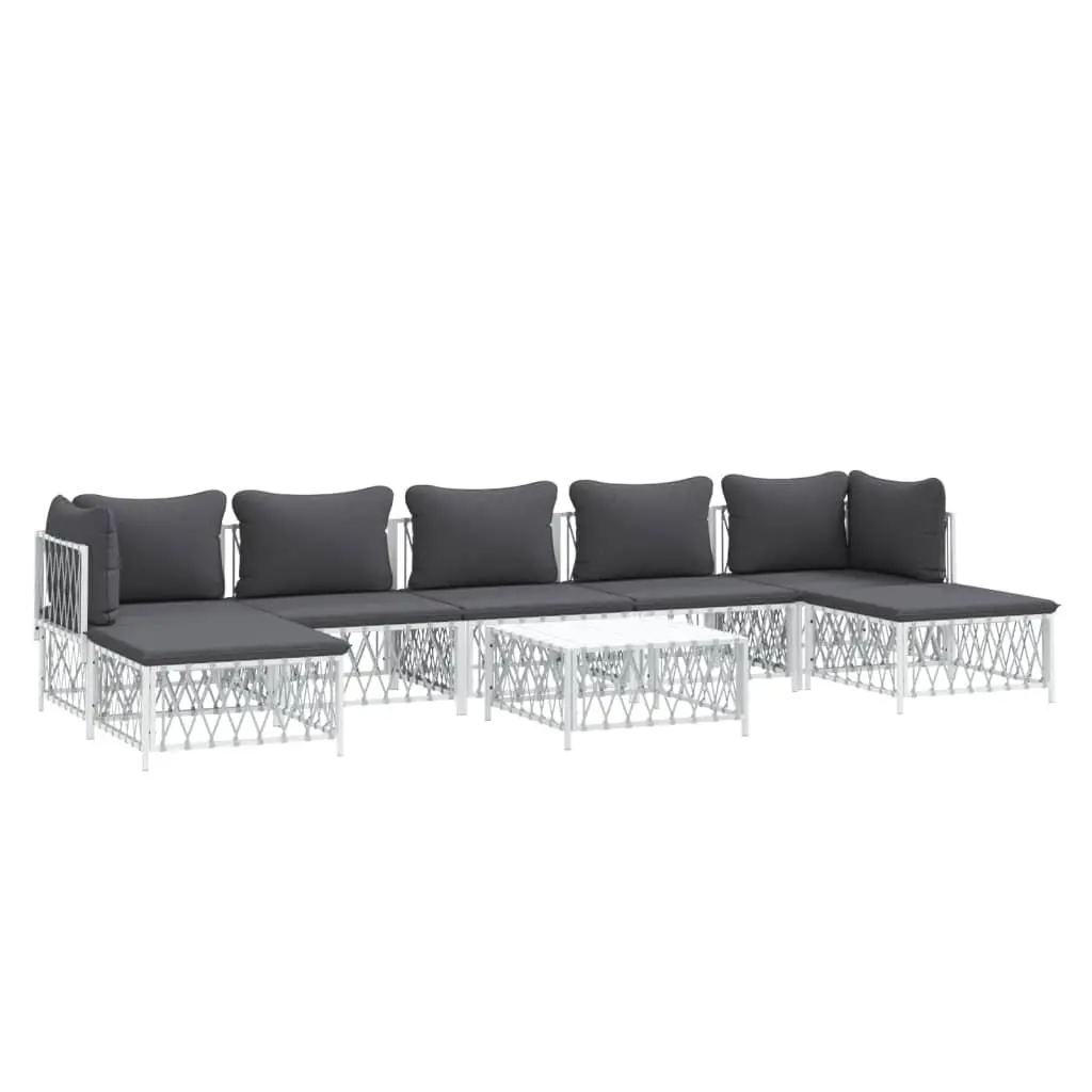 Garden Lounge Set Woven Fabric 8 Piece White Steel Frame Cushions