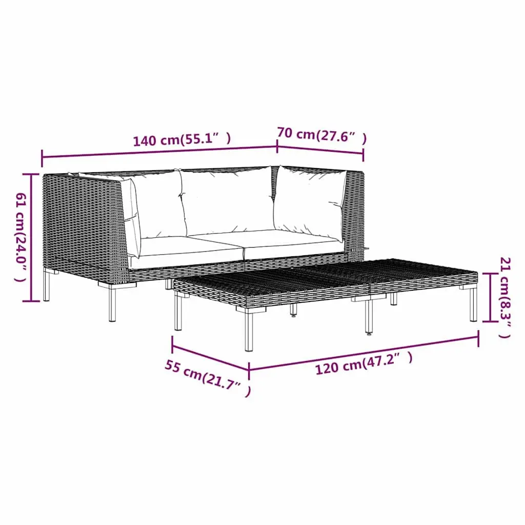 Grey Half Round Rattan 3-Piece Outdoor Lounge Set