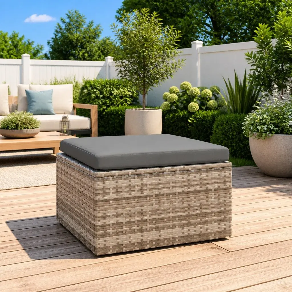 Garden Footrest Ottoman Poly Rattan Steel Frame Grey 55 x 55 x 30 cm