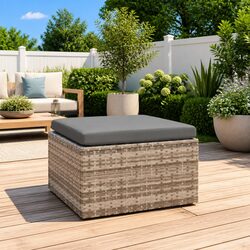 Sturdy Grey Poly Rattan Garden Footrest Ottoman with Storage