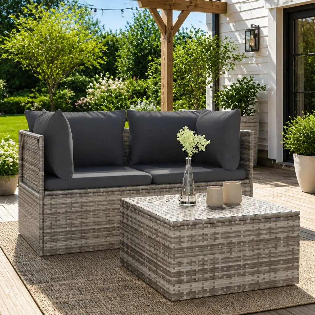 3 Piece Garden Lounge Set Poly Rattan Steel Frame Grey Outdoor Sofa with Cushions