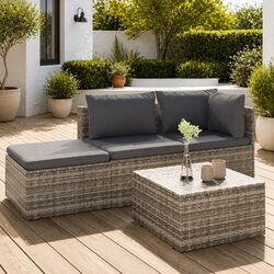 Grey Poly Rattan 4 Piece Garden Lounge Set with Cushions