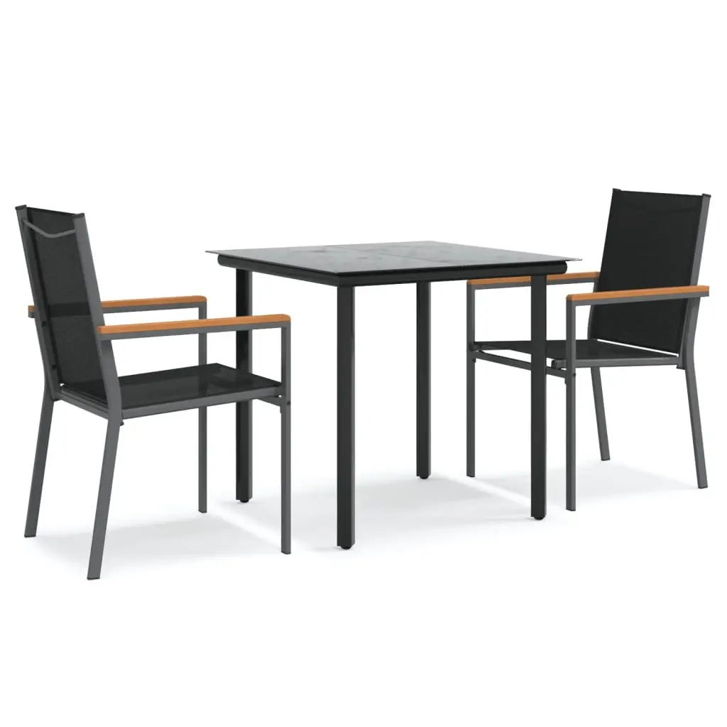 Garden Dining Set Textilene Steel 3 Piece Black Table Chairs