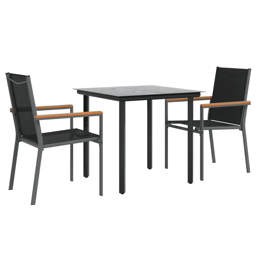 Garden Dining Set Textilene Steel 3 Piece Black Table Chairs