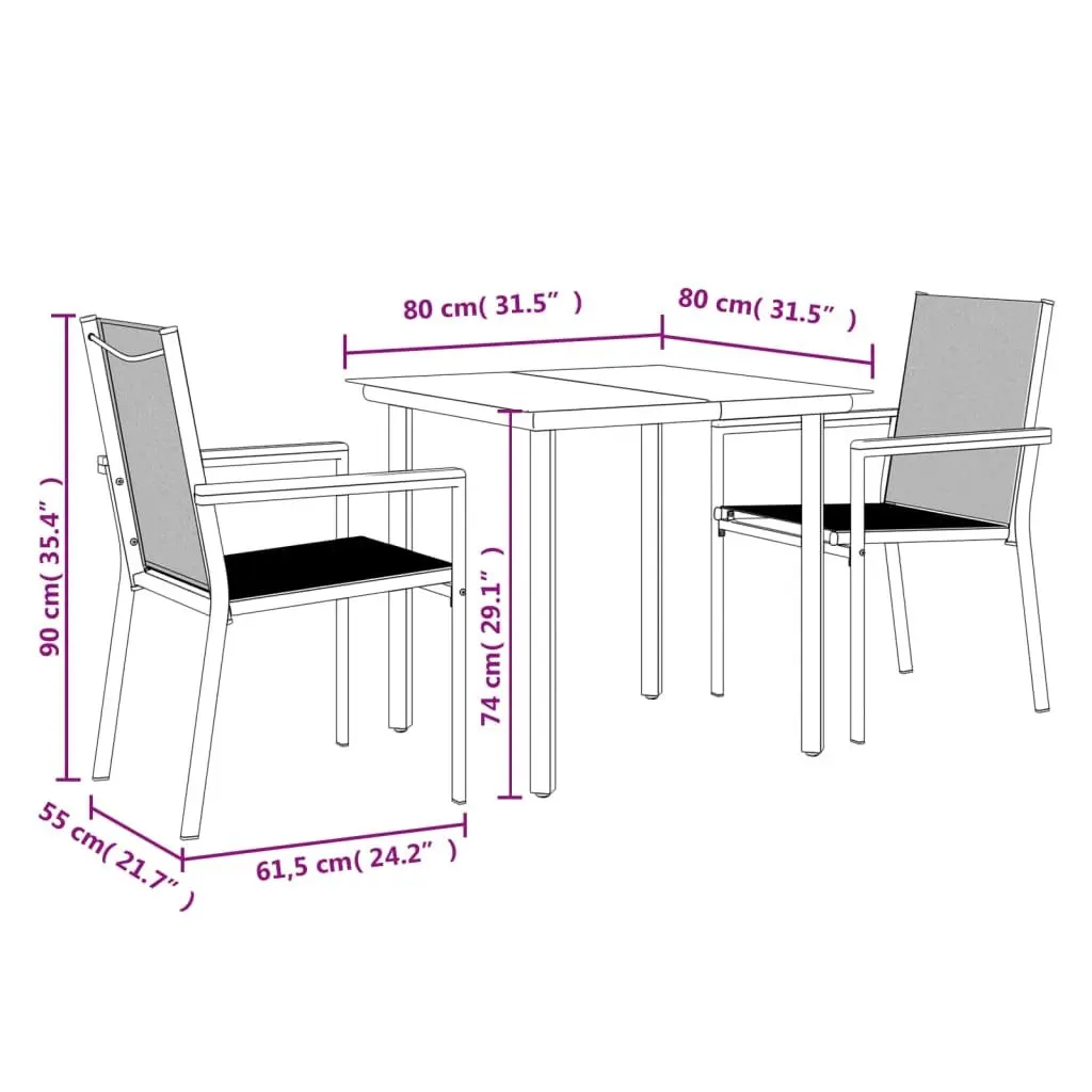 Garden Dining Set Textilene Steel 3 Piece Black Table Chairs