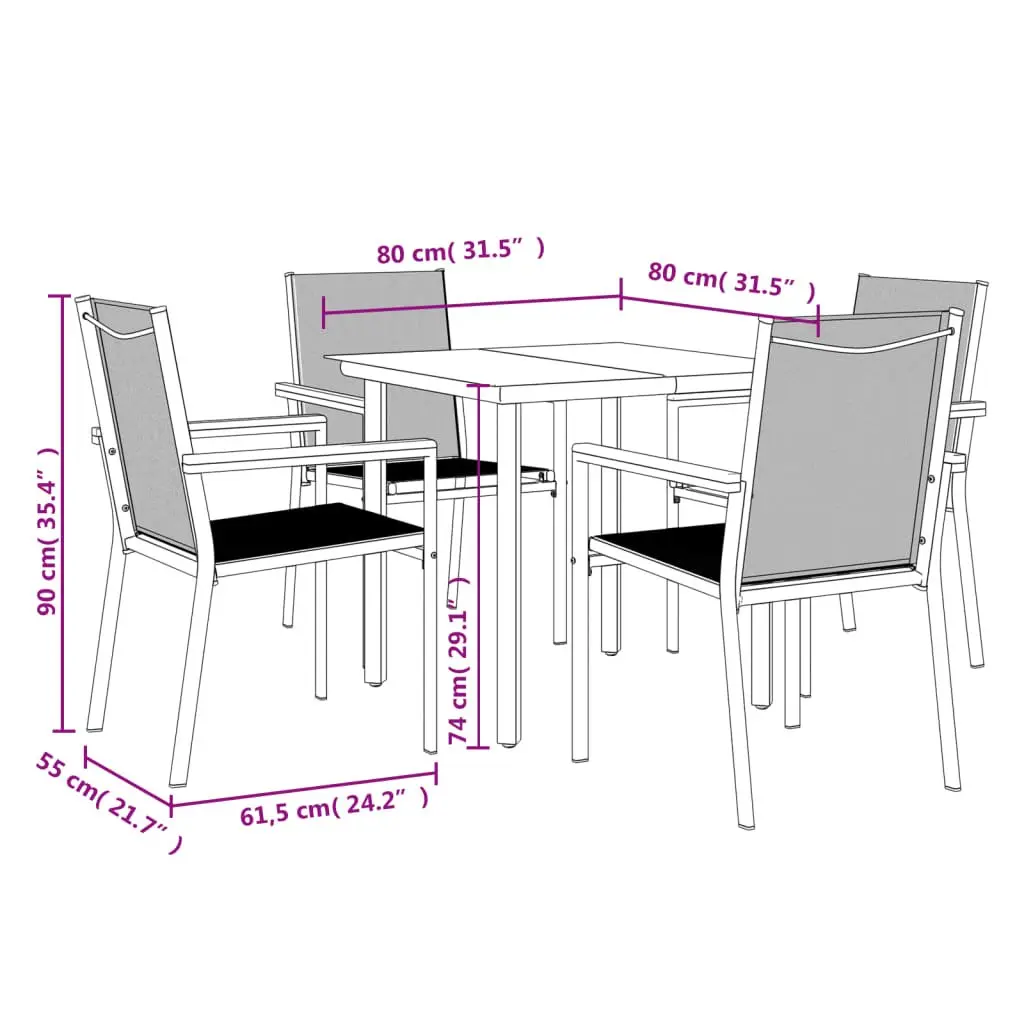 Garden Dining Set Textilene Steel 5 Piece Black Chairs Table