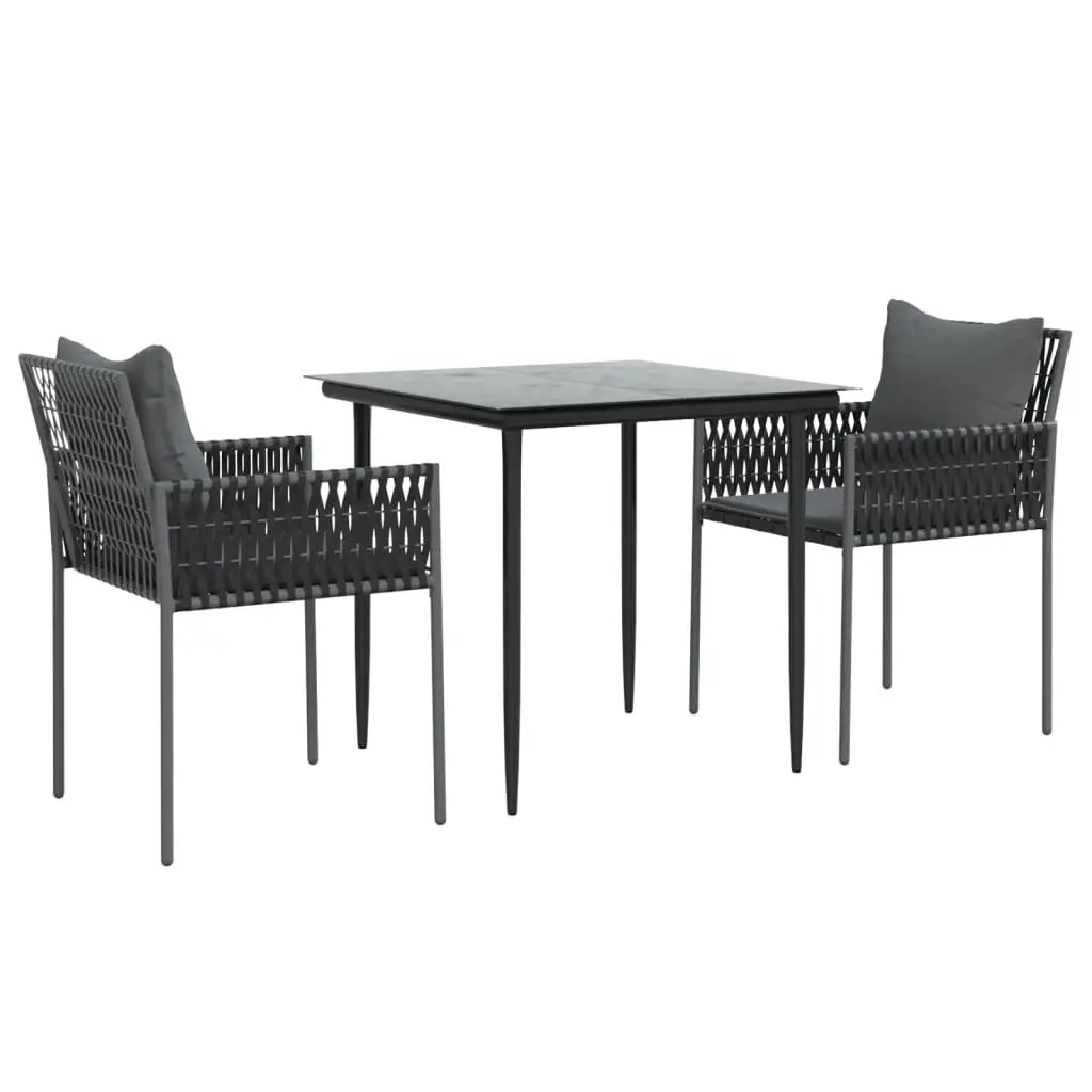 Outdoor Dining Set PE Rattan Steel Frame Tempered Glass 3 Piece Black