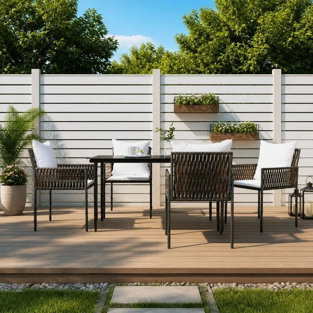 5 Piece Garden Dining Set Poly Rattan Steel Frame Tempered Glass Table Brown Chairs