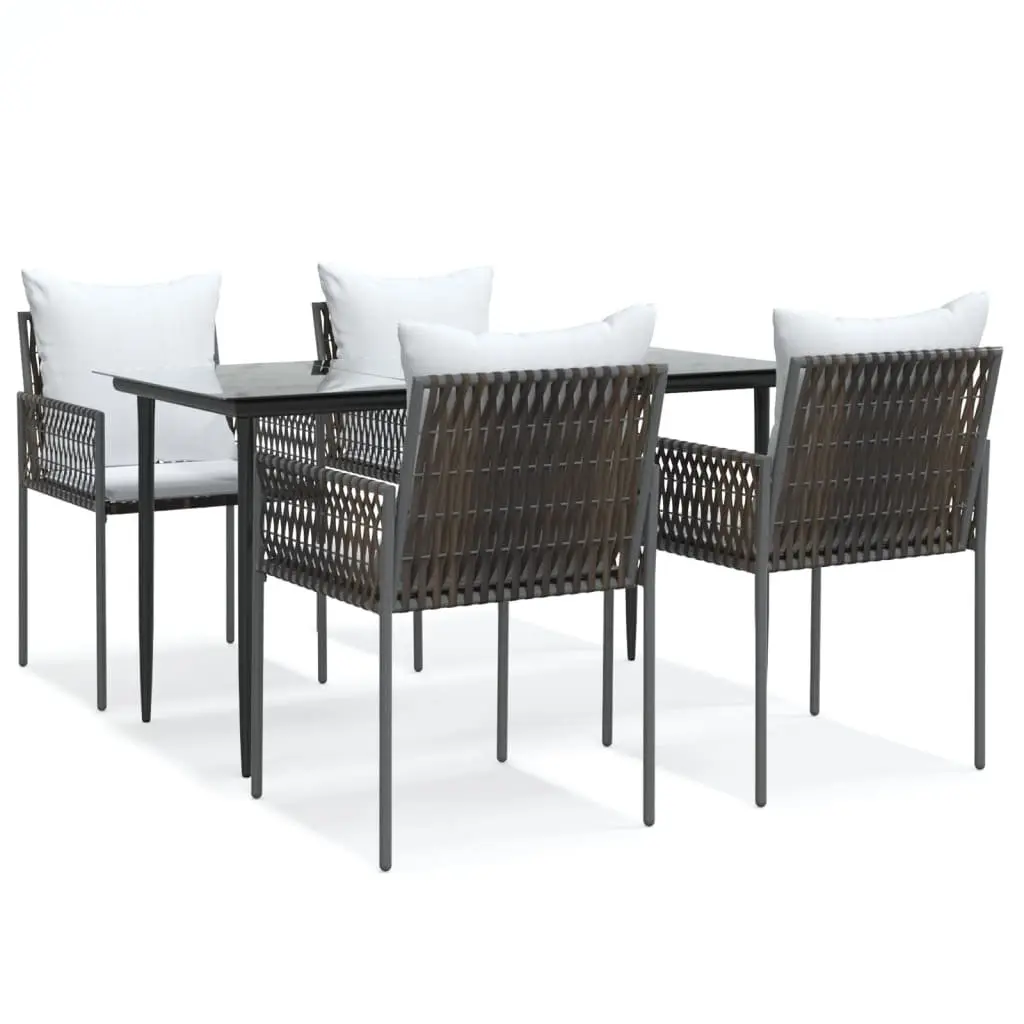 5 Piece Garden Dining Set Poly Rattan Steel Frame Tempered Glass Table Brown Chairs