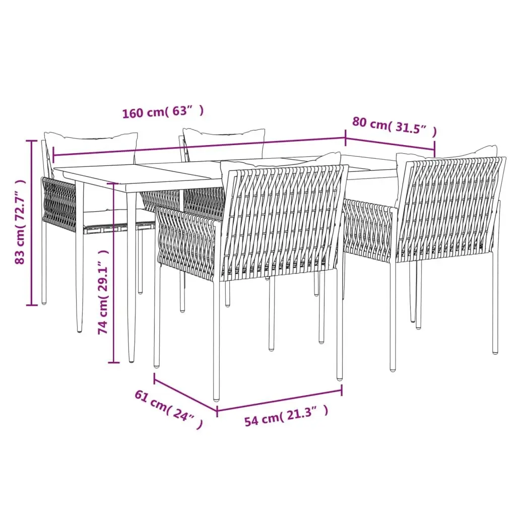 5 Piece Poly Rattan Dining Set Black Steel Frame Outdoor Furniture with Cushions