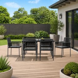 Black Poly Rattan 7 Piece Garden Dining Set with Steel Frame