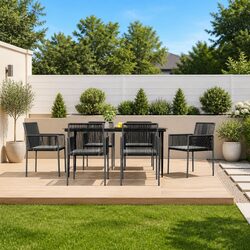 7 Piece Outdoor Garden Dining Set Black Poly Rattan Steel Frame Tempered Glass