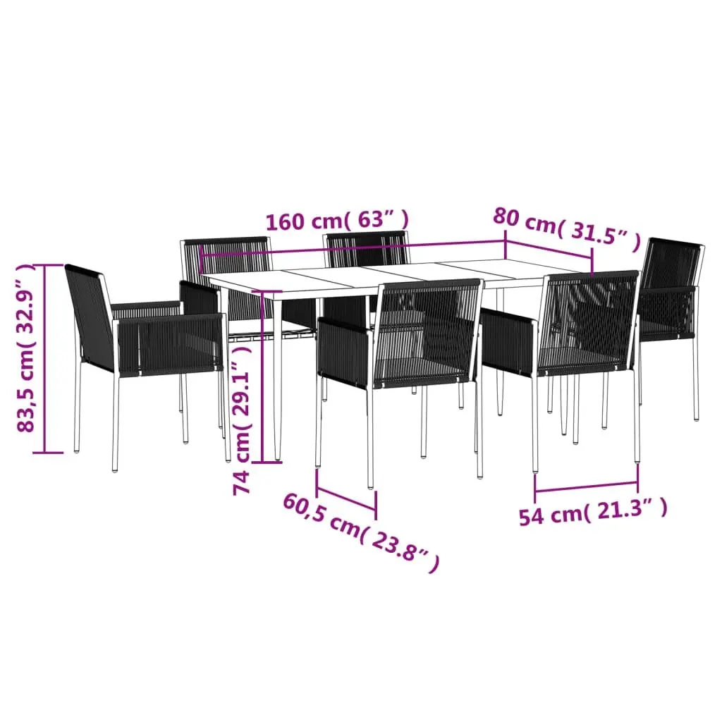 Black Poly Rattan 7 Piece Outdoor Dining Set with Glass Top