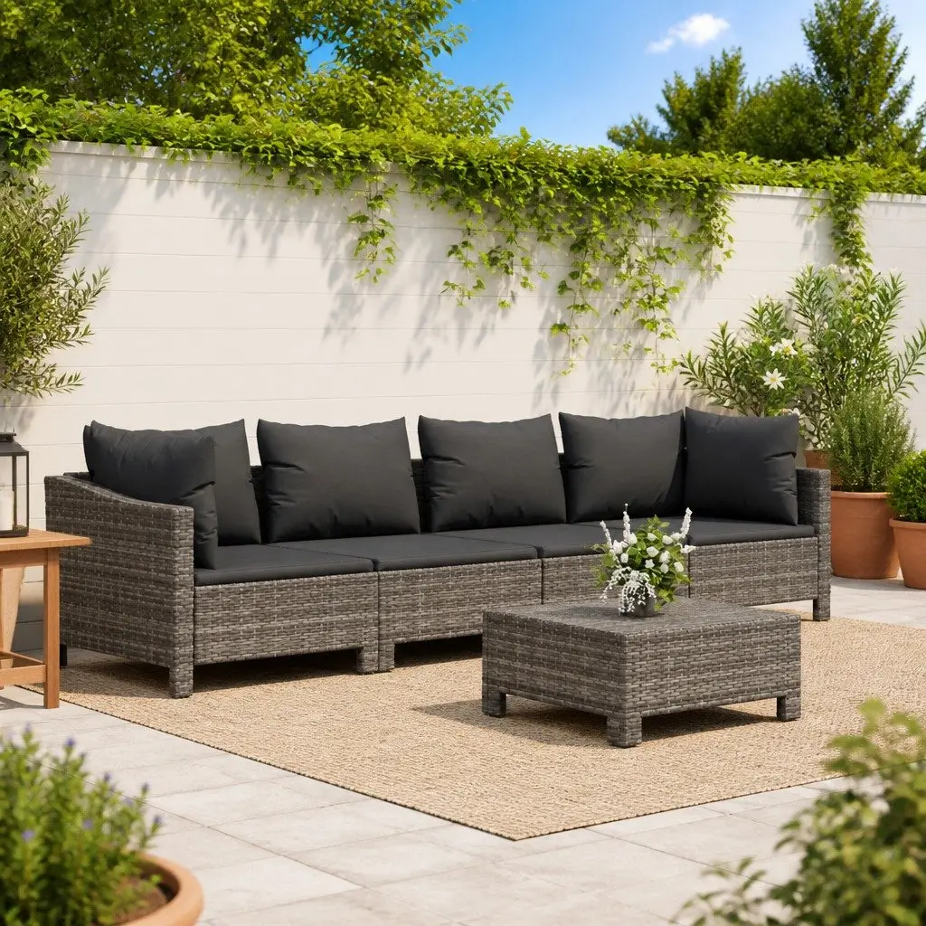 5 Piece Grey Poly Rattan Outdoor Lounge Set