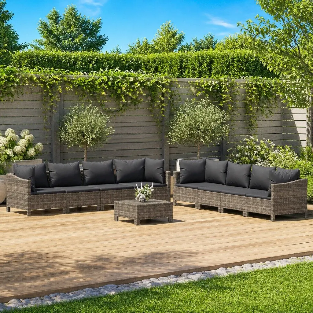 9 Piece Grey Poly Rattan Garden Lounge Set