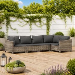 5-Piece Grey Poly Rattan Garden Lounge Set with Cushions