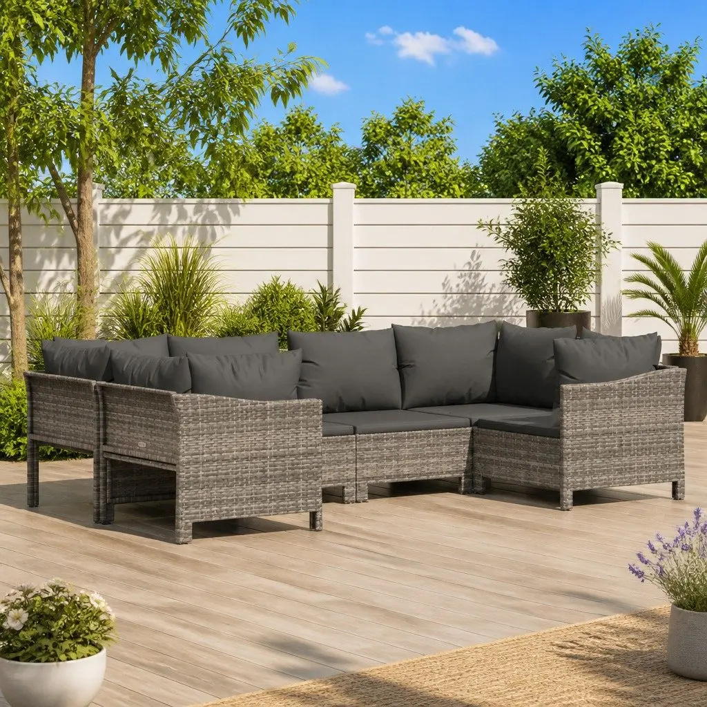 Garden Lounge Set Steel PE Rattan 6 Piece Grey Outdoor Furniture