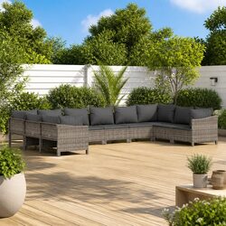10-Piece Grey Poly Rattan Garden Lounge Set with Cushions