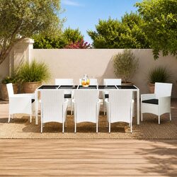9-Piece White Poly Rattan Garden Dining Set with Cushions