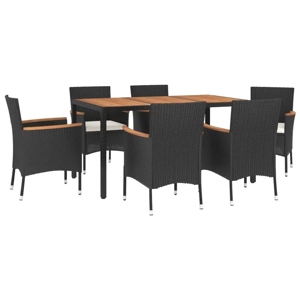 7 Piece Outdoor Dining Set Poly Rattan Acacia Wood Black