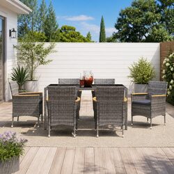 7 Piece Garden Dining Set Outdoor Table Chairs Grey Poly Rattan with Cushions