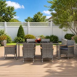 7-Piece Grey Poly Rattan Outdoor Dining Set with Table